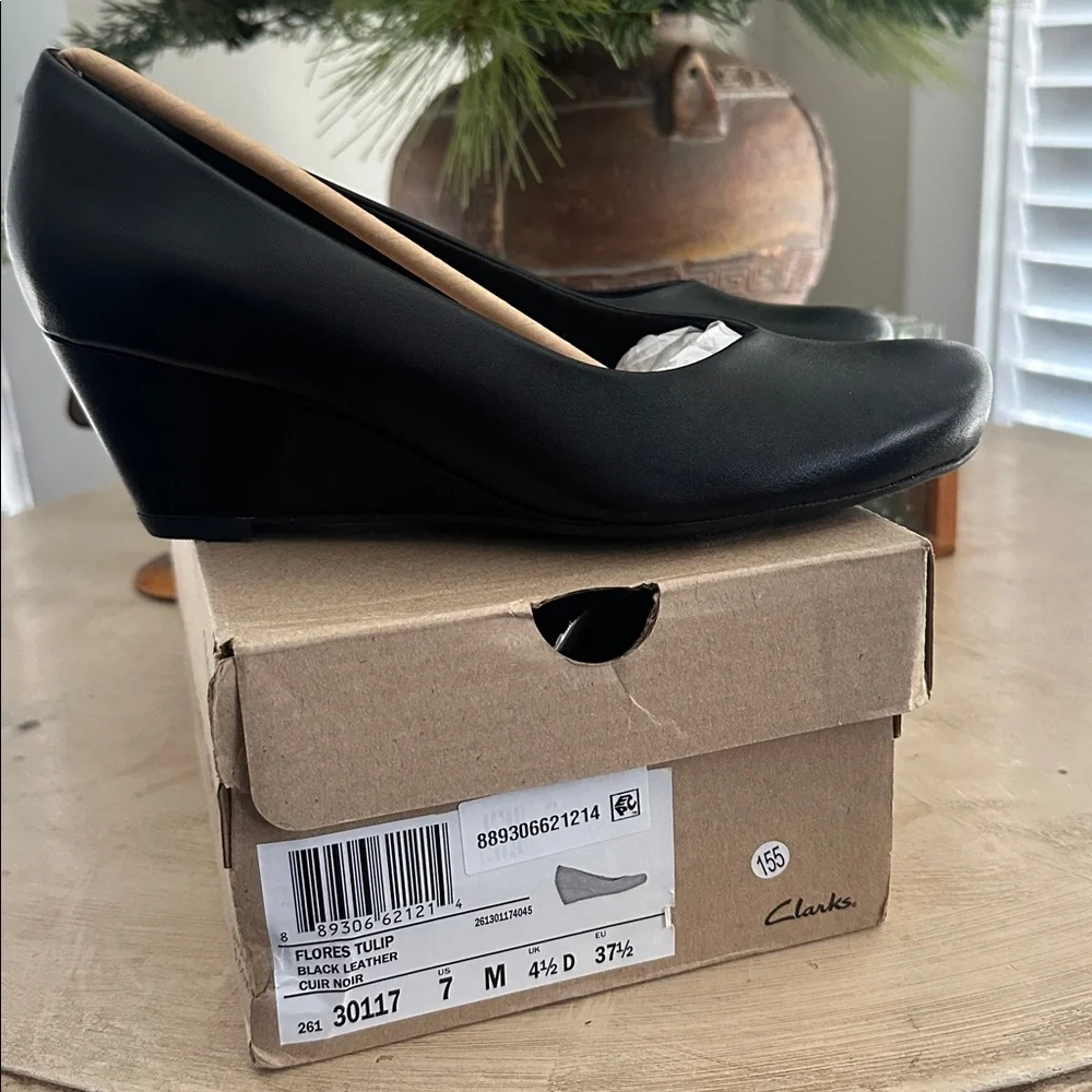 Clarks Black Leather Wedge Shoes